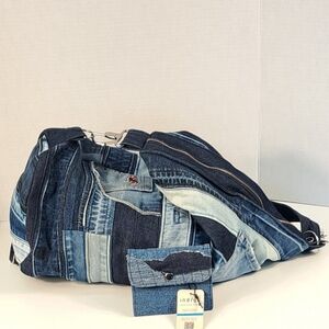 Ind/go- Upcycled Patchwork Denim Barrel Crossbody Bag w/ Matching Wallet NWOT